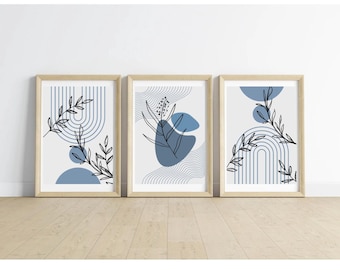 Blue Botanical Wall Art Prints: Mid-Century Modern Set of 3 (Digital Prints)