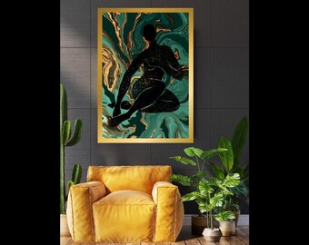Woman Silhouette Art Print: Green & Gold Marble (Digital Download)