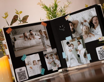 Large Wedding Photo Album with QR Code, Textured Cotton White Cover Photograph Album, Digital Storage Album, Black Page Album, Birthday Gift