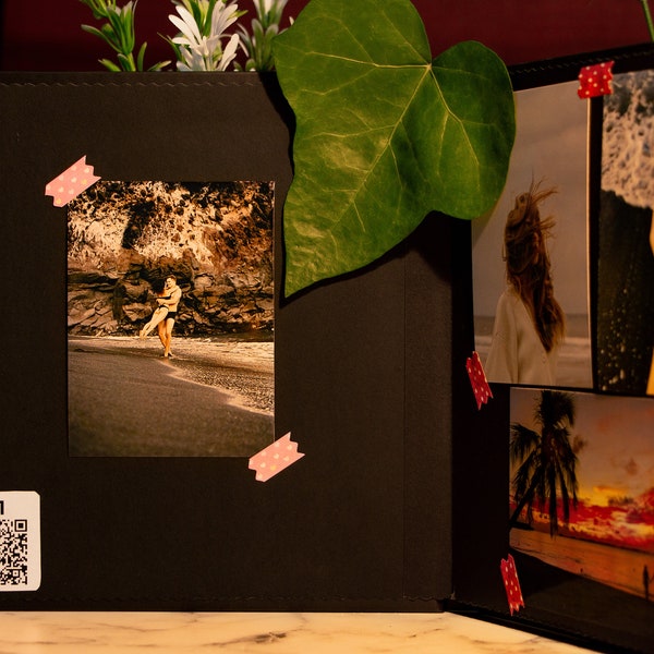 All Black Photo Album with Digital Storage, Minimalist Scrapbook Album, Handmade Wedding Photo Album, QR Code Travel Photo Memory Book