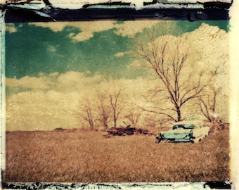 Field - vintage car, Polaroid transfer photograph