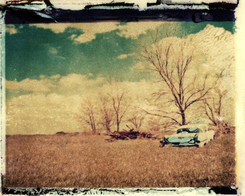 Field vintage car, Polaroid transfer photograph image 1