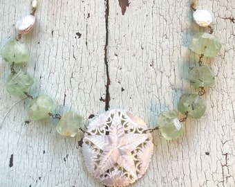 Mother of Pearl, Green Prehnite Faceted Beads, Freshwater Coin Pearl Necklace