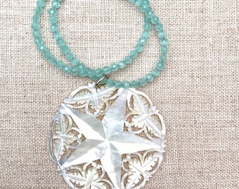 Mother of Pearl and Faceted Aqua Blue Bead Short Necklace 15 Inches