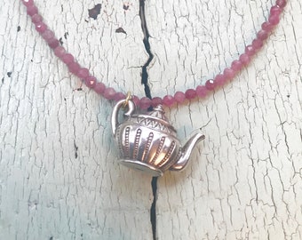 Pink tourmaline  Necklace with Silver Teapot