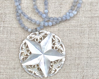 Faceted Gemstone Necklace with Mother of Pearl Pendant