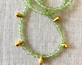 Green Peridot Necklace with Gold Faceted Teardrop Beads