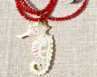 Red Coral Beaded Necklace with Mother of Pearl Seahorse Pendant