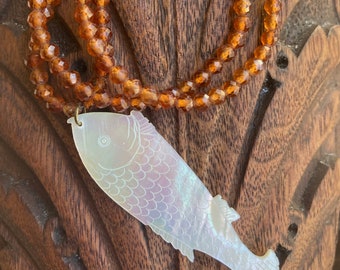 Burnt Orange Beaded Necklace with Antique Fish Pendant