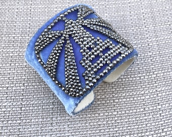 Blue Velvet Adjustable Cuff with  Skyscraper Filigree Panel