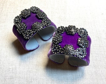 Purple Velvet and Rhinestone Adjustable Cuff Bracelets