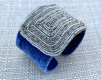 Blue Velvet Adjustable Cuff with Beaded Panel