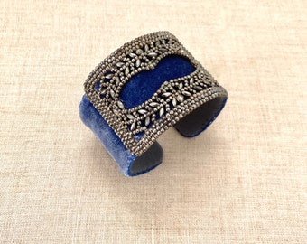 Blue Adjustable Velvet Cuff with Metal Filigree