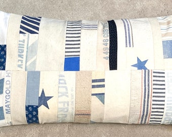 Patchwork Blue and White Grain Sack Lumbar Pillow