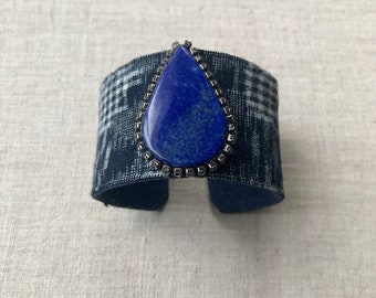 Indigo Kasuri Cotton Print Adjustable Cuff with Lapis Lazuli and Rhinestones