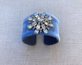 Periwinkle Velvet and Rhinestone Adjustable Cuff Bracelet