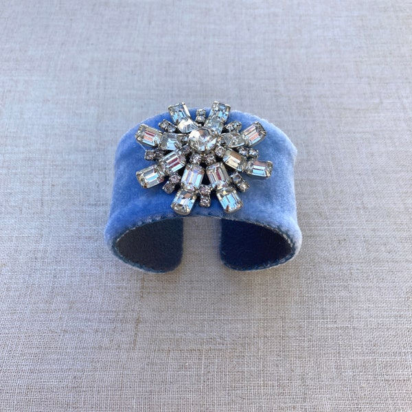 Periwinkle Velvet and Rhinestone Adjustable Cuff Bracelet