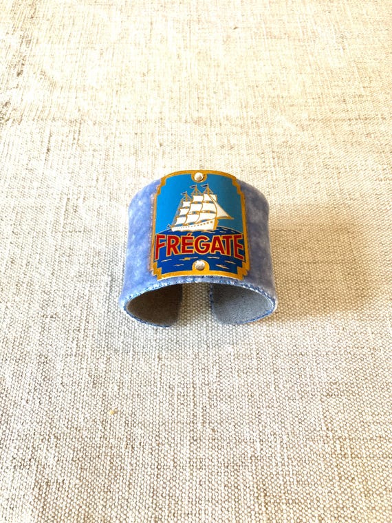 Adjustable Velvet Cuff Bracelet with French Sailing Ship Bicycle Badge