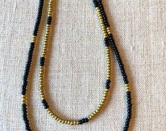 Black and Matte Gold Beaded Double Strand Necklace