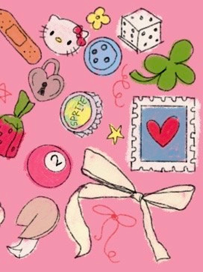 Może przedstawiać: Kolekcja fantazyjnych ilustracji na r&oacute;żowym tle. Rysunki obejmują plaster, twarz Hello Kitty, guzik, kostkę do gry, czterolistną koniczynę, zamek w kształcie serca, kapsel Sprite, gwiazdę, znaczek z sercem, kokardę, ciasteczko z wr&oacute;żbą i kulę bilardową.