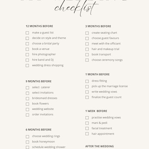 Puede incluir: Una lista de verificación para la planificación de una boda con tareas organizadas por el número de meses antes de la boda. La lista de verificación incluye tareas como hacer una lista de invitados, elegir un lugar, seleccionar un proveedor de catering, pedir invitaciones y enviar tarjetas de agradecimiento.