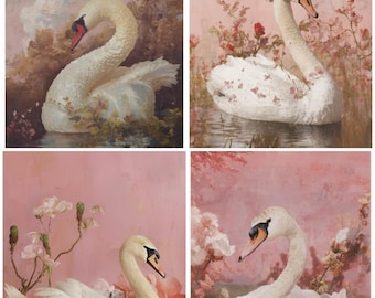 Pink Swan Wall Art | Vintage Floral & Nature Prints for Gallery Wall | Printable Digital Download