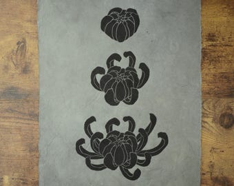 IN BLÜTE | Original Chrysantheme Linoldruck | Handgemachte Blumenkunst auf Lokta Papier