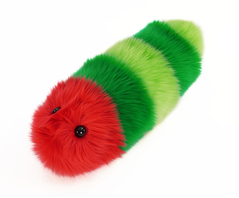 Stuffed Caterpillar Stuffed Animal Cute Plush Toy Caterpillar Kawaii Plushie Reed the Red and Green Faux Fur Snuggle Worm Small, Med, Large image 1