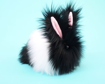 Black and White Faux Fur Plush Bunny, Small Stuffed Animal (4x5 inches)