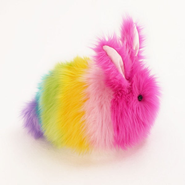 Pastel Rainbow Stuffed Bunny Plush Toy Girly Rainbow Rabbit Cuddly Faux Fur Plushie  Large 6x10 Inches