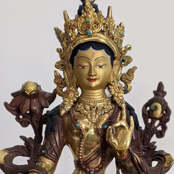 Reserved- Vintage Green Tara Buddha Statue Gold Gilt Hand Painted Coral and Turquoise Inlay
