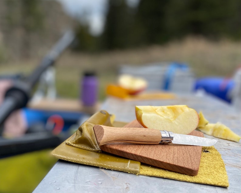 Roadside Travel Cutting Board Set Leather Case with Opinel Pocket Knife Mini Cutting Board Gift Set Perfect Gift Wedding Party Gift lichen