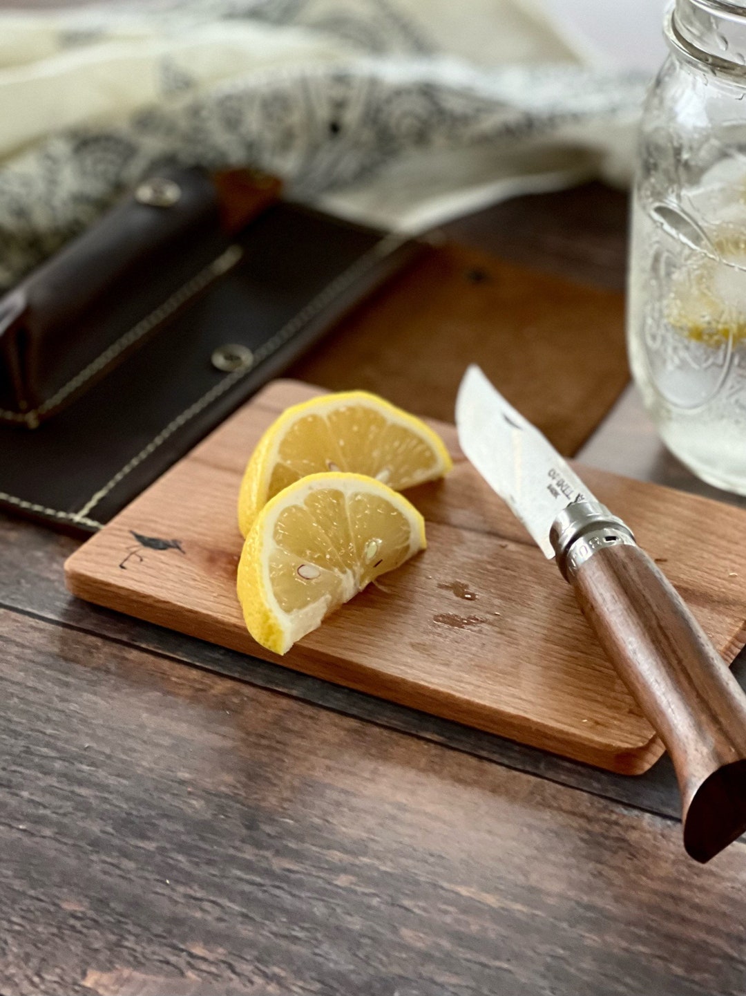 Roadside Travel Cutting Board Set Leather Case With Opinel Pocket Knife