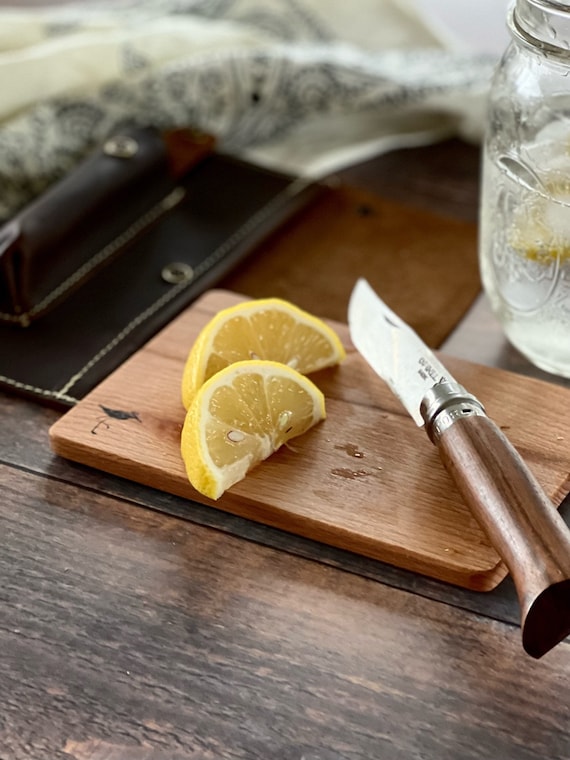 Roadside Travel Cutting Board Set Leather Case With Opinel Pocket