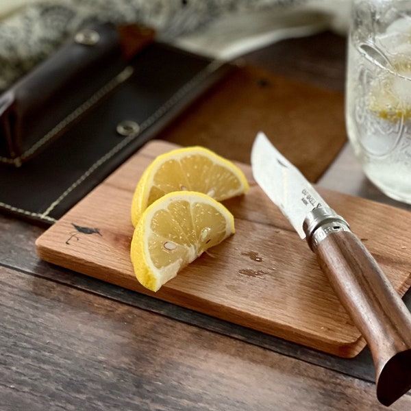 Roadside Travel Cutting Board Set | Leather Case with Opinel Pocket Knife + Mini Cutting Board Gift Set | Perfect Gift | Wedding Party Gift