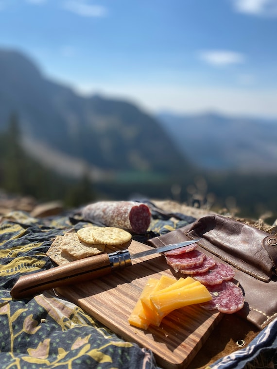 Roadside Travel Cutting Board Set Leather Case With Opinel Pocket