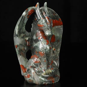 5.1&quot; African Bloodstone Hand Carved Crystal Dragon Sculpture, Crystal Healing, Fine Art Sculpture