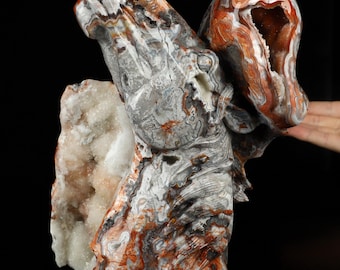 May include: A large, intricately carved agate sculpture of a ram's head with a white and orange agate base. The ram's head is carved in detail, with the horns and face clearly visible. The base is a natural agate formation with a variety of colors and patterns.
