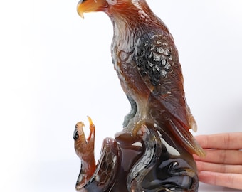 Ágata brasileira premium de 8,1" esculpida à mão em cristal águia e escultura sanke, cura com cristal