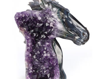 8,7 &quot;&quot;Achat Amethyst Druse Hand geschnitzte Kristall Pferdeskulptur, Kristallheilung.&quot;