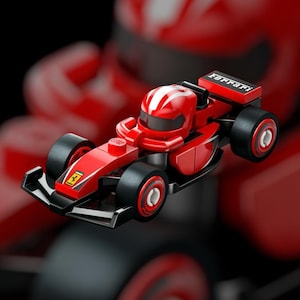 Aangepaste 3" x 3" LEGO-stijl mini Ferrari Formule 1-raceauto en Ferrari-coureurhelmstickers