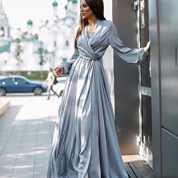 Gray long dressing gown Sun flared dress Long satin dress Engagement dress Bridesmaid dress Evening dress