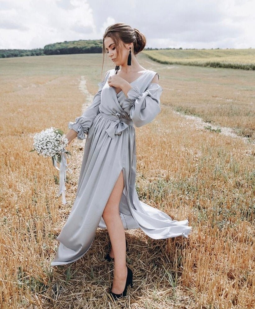 Grey Satin Dress Etsy