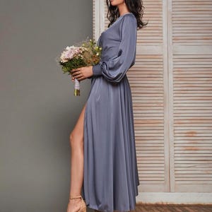 Gray Silk Satin Long Sleeve Dress: Tea Length Bridesmaid, Wedding Guest