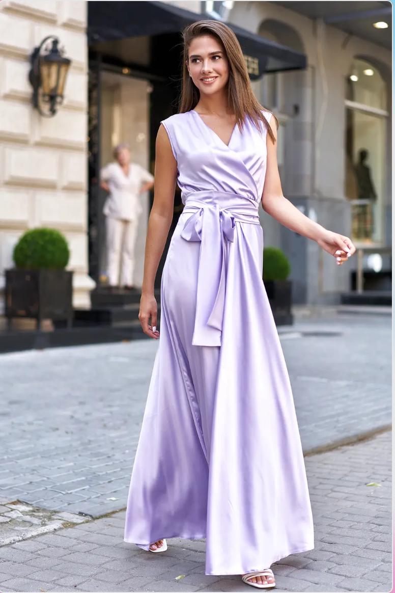 Lilac Maxi Dress: Elegant Long Faux Wrap Bridesmaid Gown