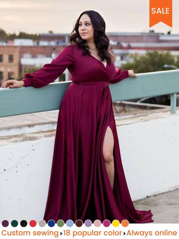 Plus Size Wedding Guest Dress in 18 Colors Floor Length Dress Maroon Maxi Dress Long Sleeve Satin Dress Civil Wedding Dress Etsy