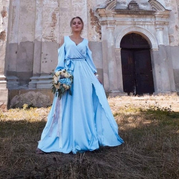 Light blue wedding dress Open shoulder dress Light blue maxi bridesmaid dress Eveving dress Floor length satin dress