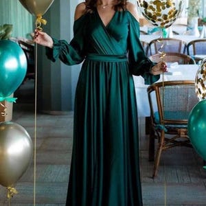 Emerald Green Dress Off Shoulder Engagement Gown Wedding Guest Dress Long Satin dress Reception Dress Emerald Green Bridesmaid Dress