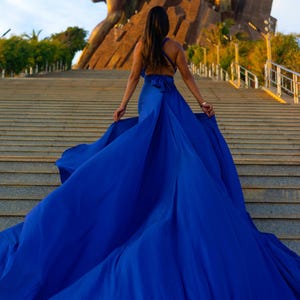 Electric Blue Satin Flying Dress: Long Train Backless Gown