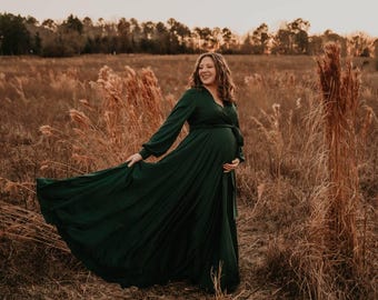 Maternity dress for Baby Shower Long Sleeve Dress Maternity Dress for Photo Shoot Maxi Maternity Dress Emerald Green Maternity Gown